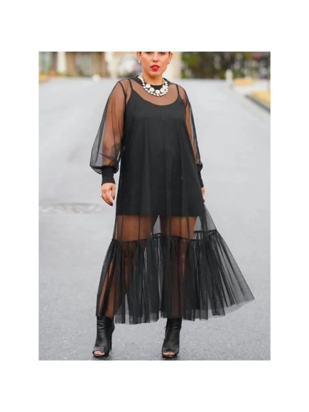 Scoop Neck Cami Dress and Sheer Mesh Dress Set - Picture 3 of 4